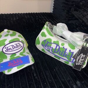Von Dutch Green and White Cow Print Hat and Bag